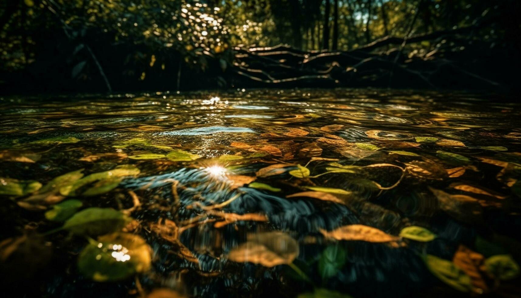 The tranquil scene of a forest pond, reflecting autumn beauty generated by AI photo