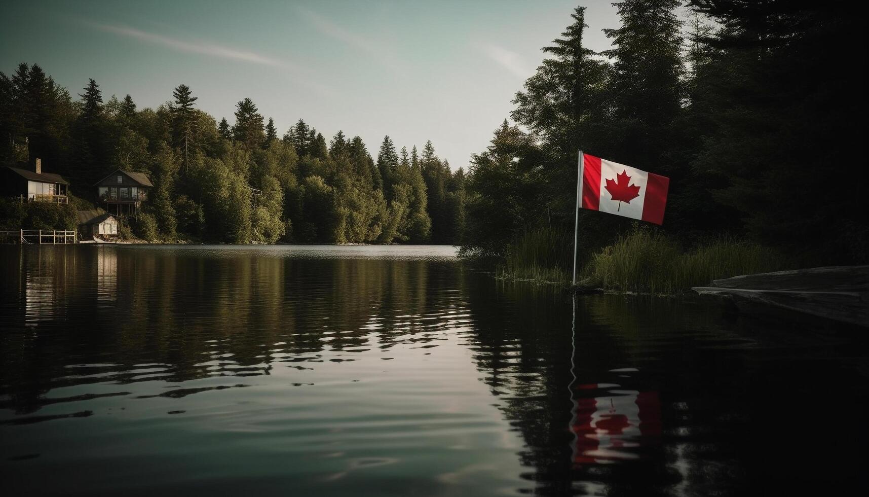 The majestic Canadian flag waves over a tranquil forest landscape generated by AI photo