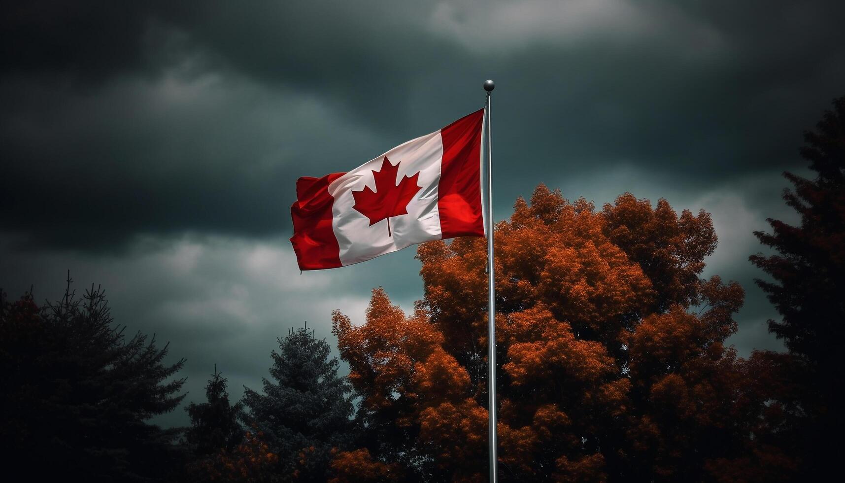 The majestic Canadian flag waves proudly over the autumn landscape generated by AI photo