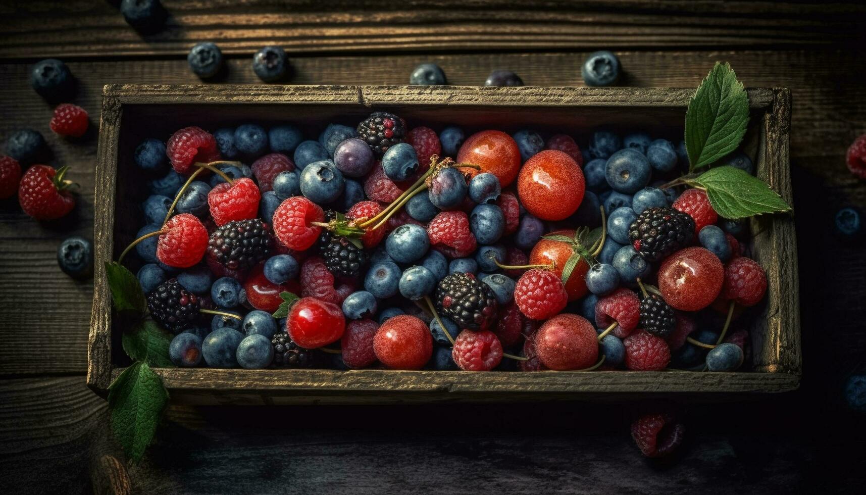 Rustic berry bowl a colorful, healthy summer dessert variation generated by AI photo