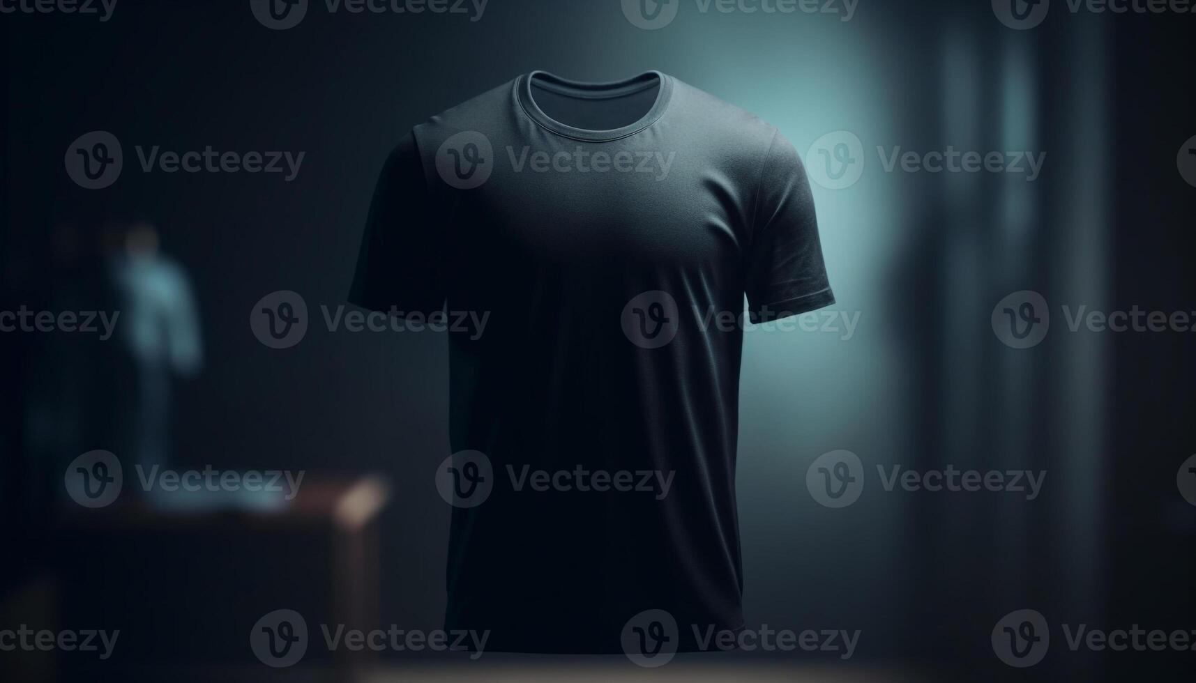 Modern silhouette stands in empty store, wearing dark t shirt generated by AI photo