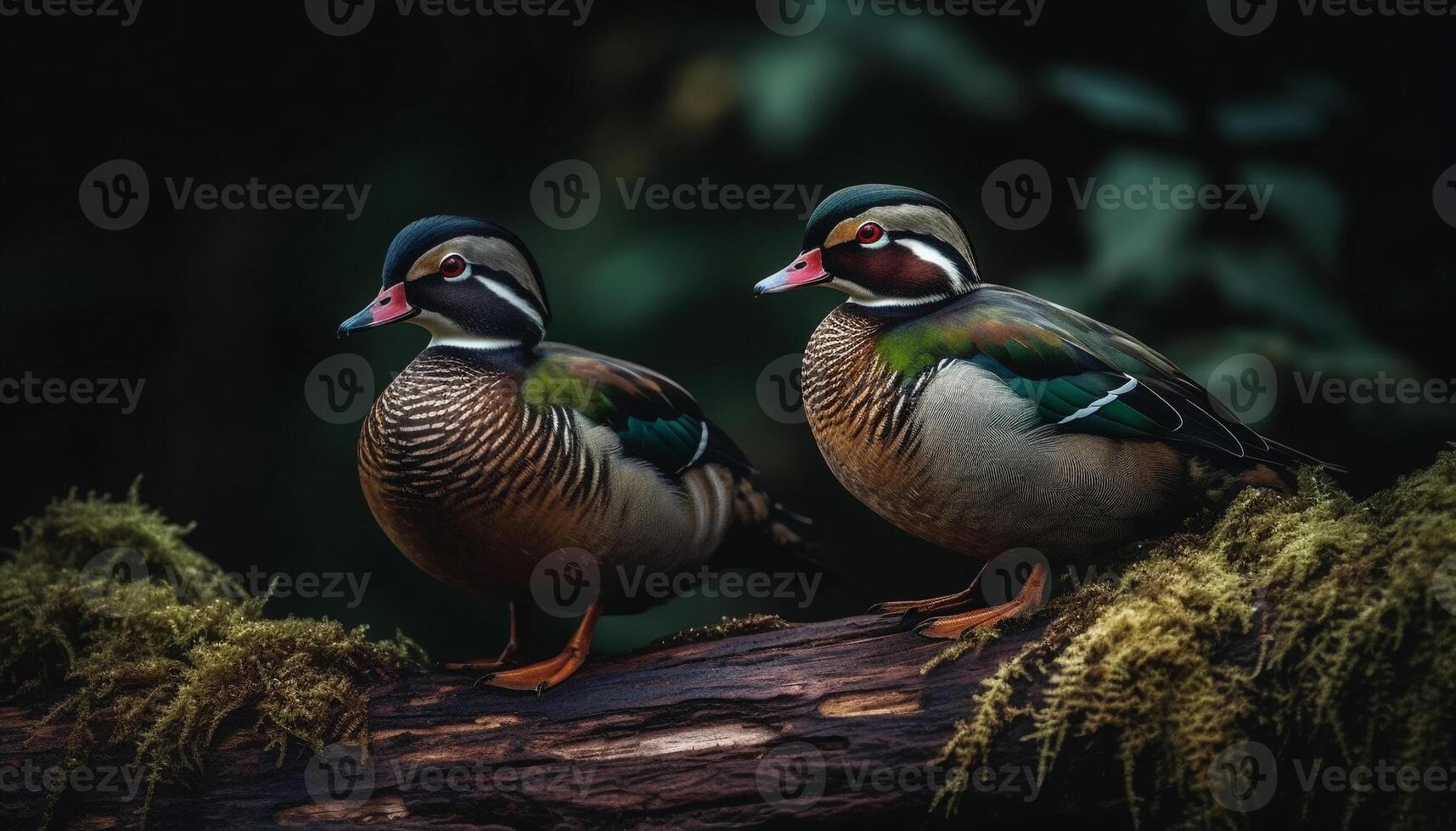 Male wood duck stands in tranquil autumn pond, vibrant colors generated by AI photo