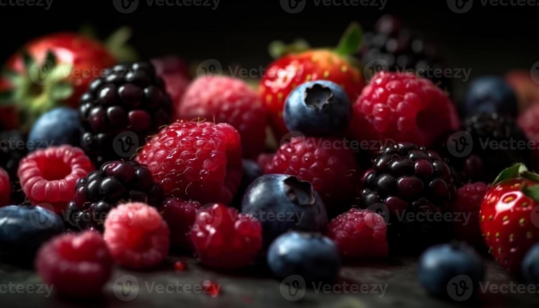 jugoso baya cuenco arándanos, frambuesas, fresas, moras sano refresco abundancia generado por ai foto