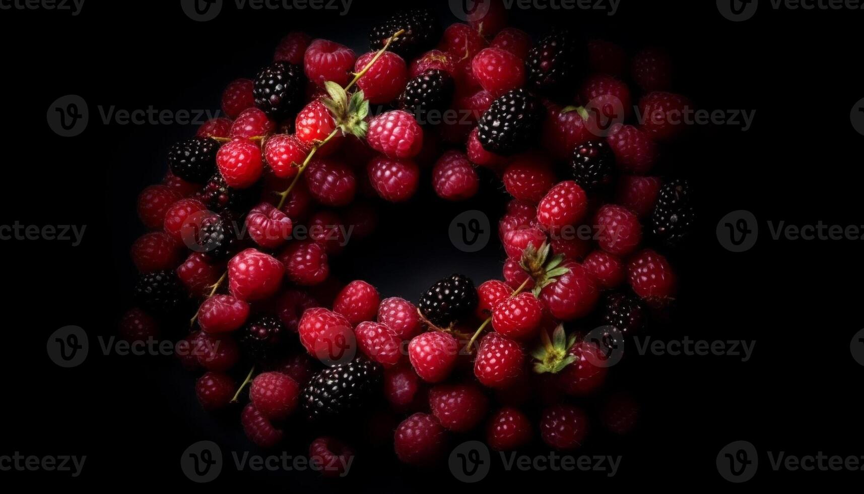 Juicy berry fruits on wooden table, a healthy summer dessert generated by AI photo