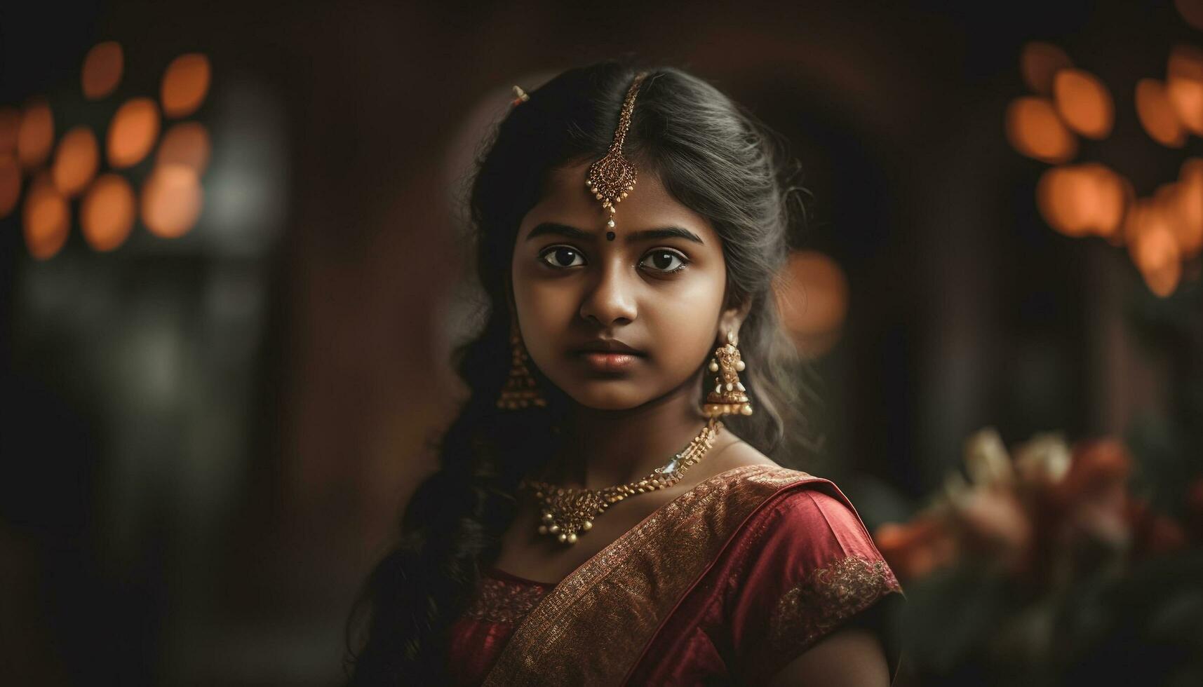 Confident young Indian woman in traditional sari exudes elegance and beauty generated by AI photo