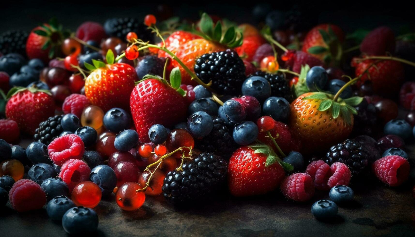 Fresh, ripe berry collection on rustic wooden table for dessert generated by AI photo