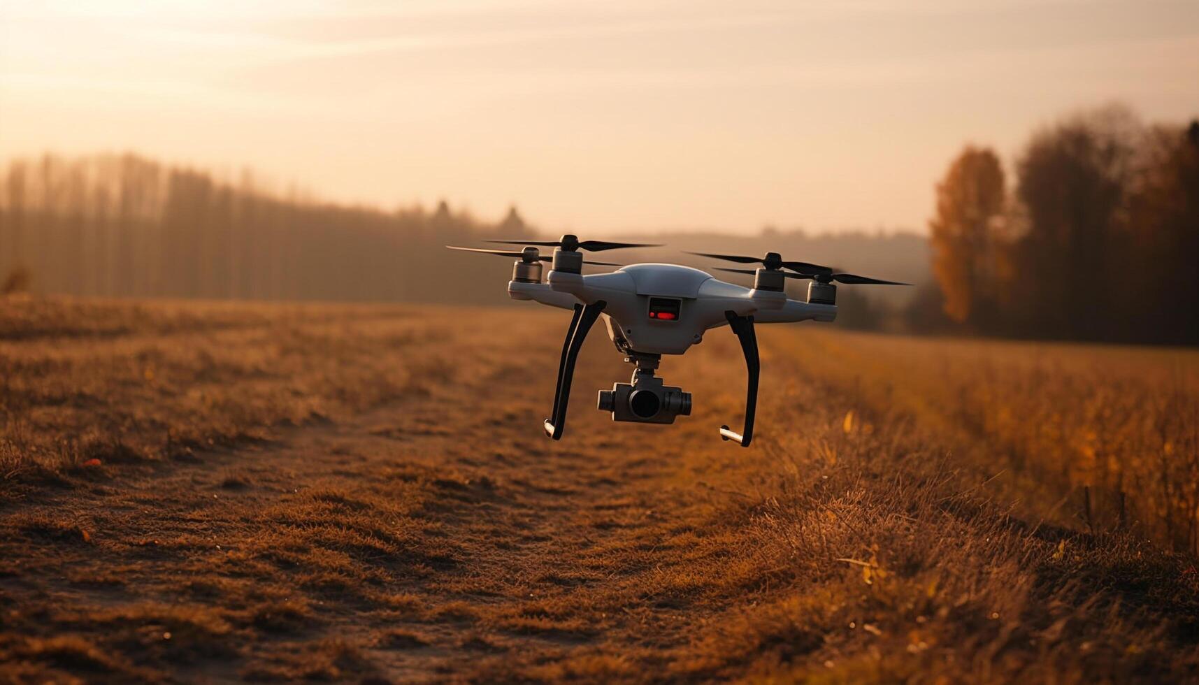 Drone hovering mid air captures digitally generated sunset over forest generated by AI photo