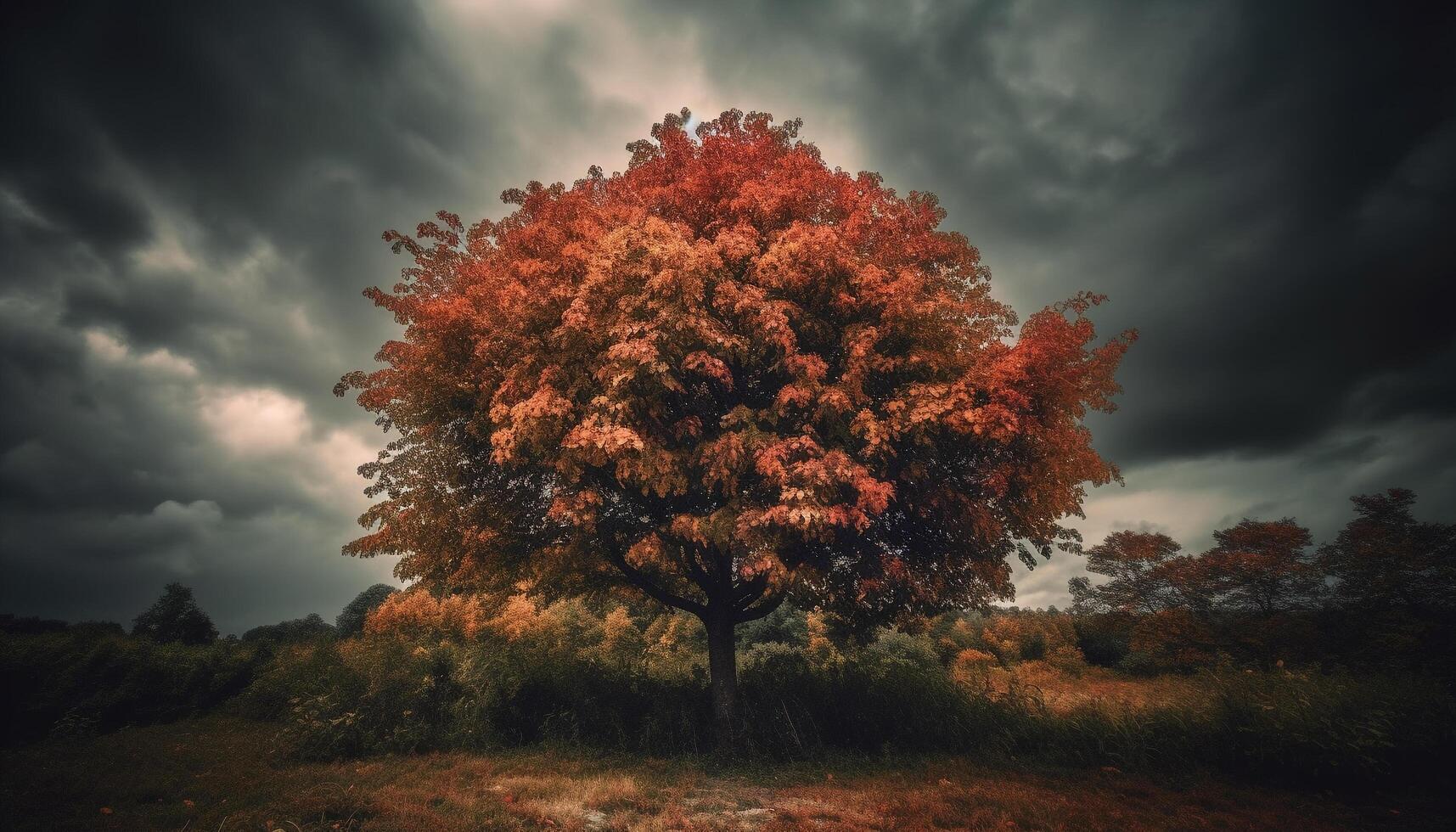 Tranquil autumn forest, vibrant leaves, dramatic sky, backlit silhouette generated by AI photo