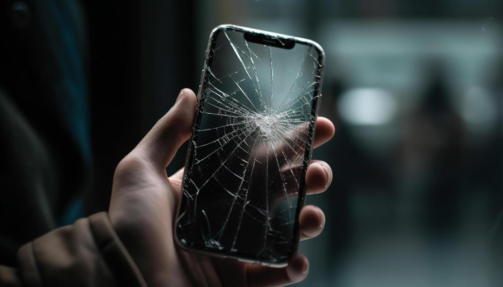 Broken smart phone in hand, shattered glass, communication breaking generated by AI photo