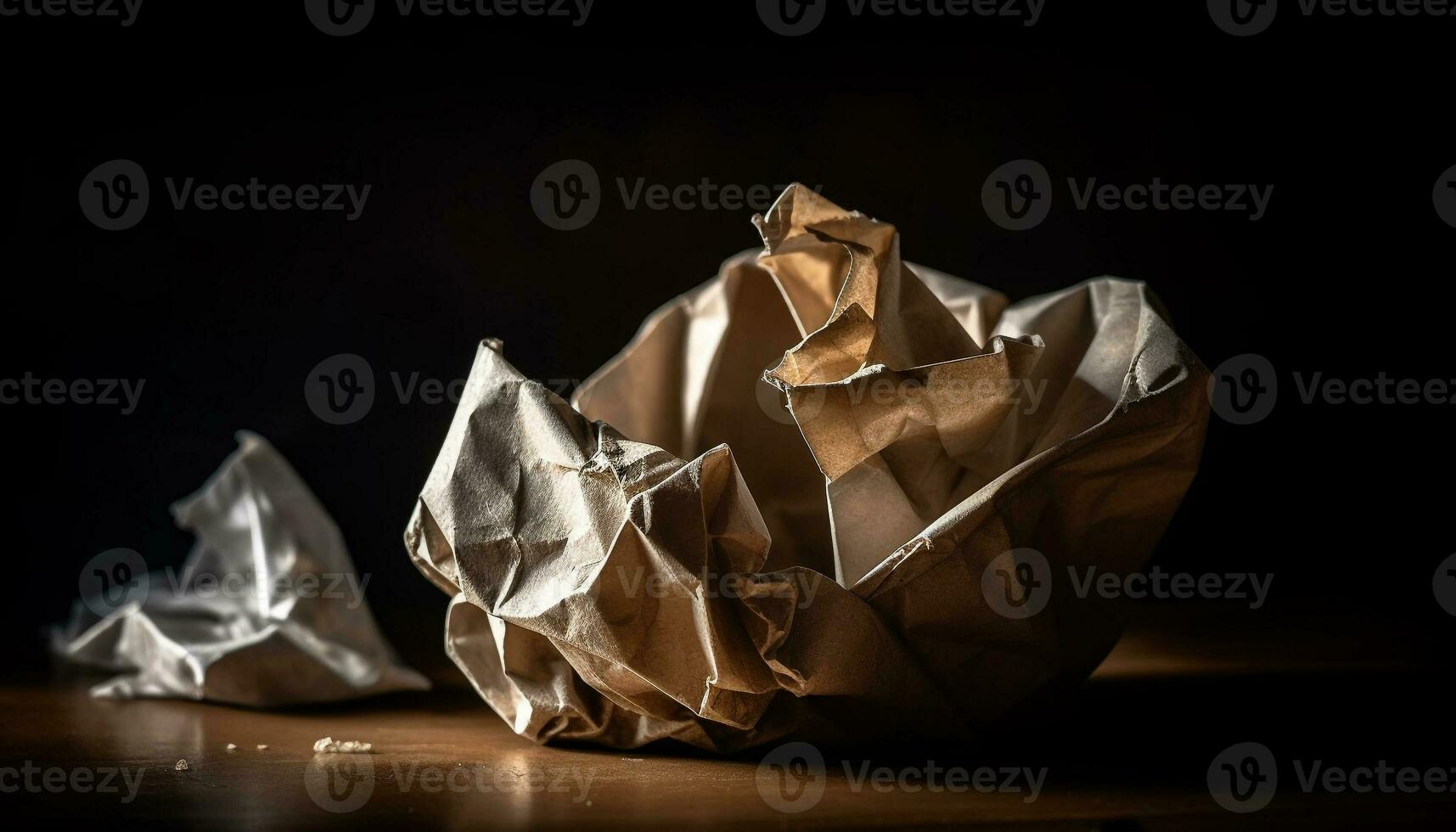 Rejected ideas crumpled into a ball, destined for the wastepaper basket generated by AI photo