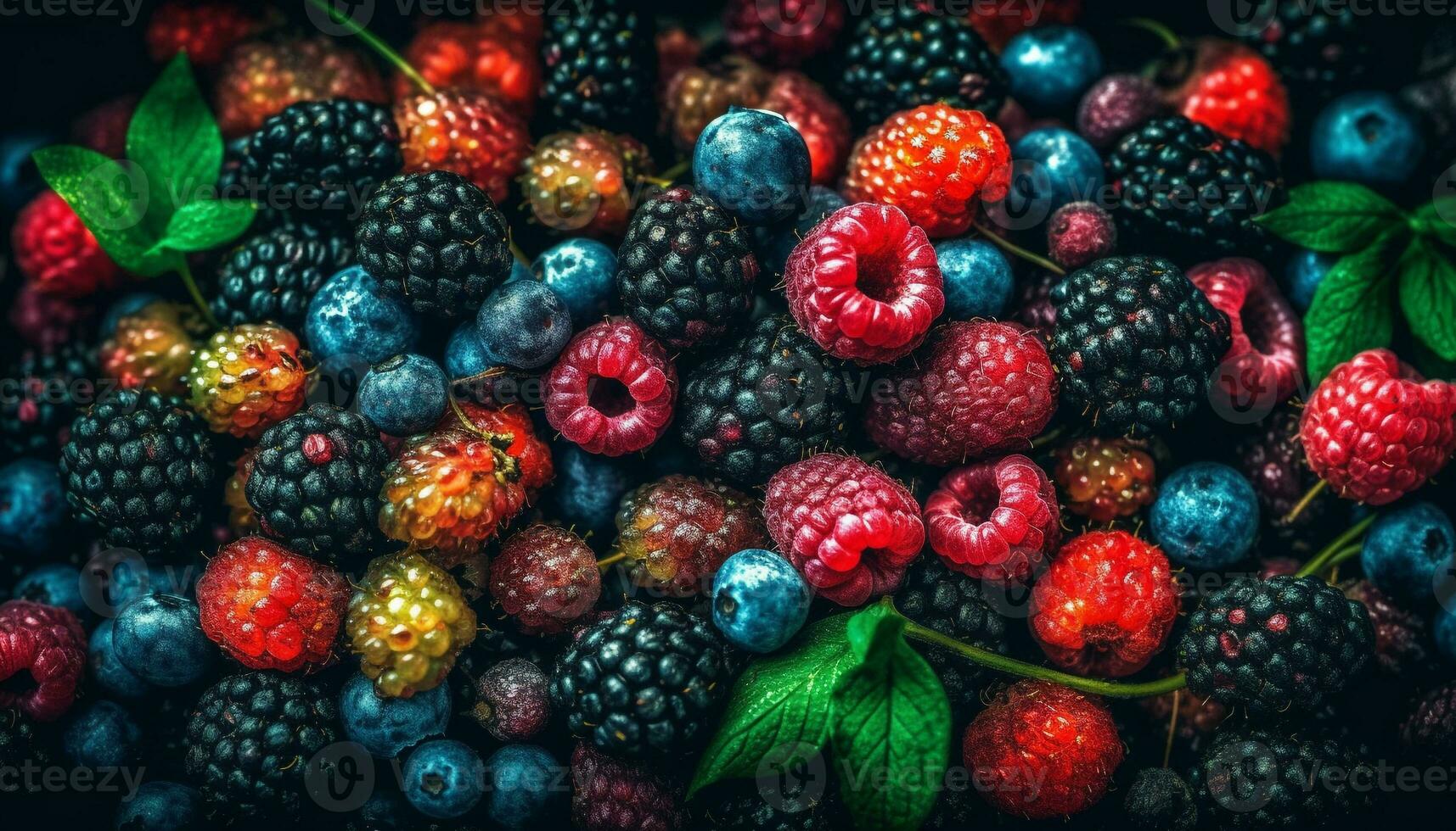 Fresh organic berry bowl raspberry, blueberry, blackberry juicy antioxidant snack generated by AI photo