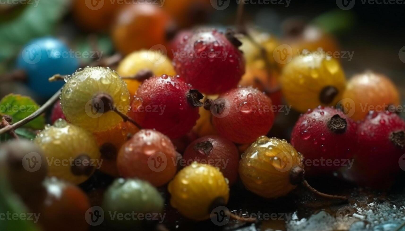 Juicy berry drops splash on fresh green leaves in nature generated by AI photo