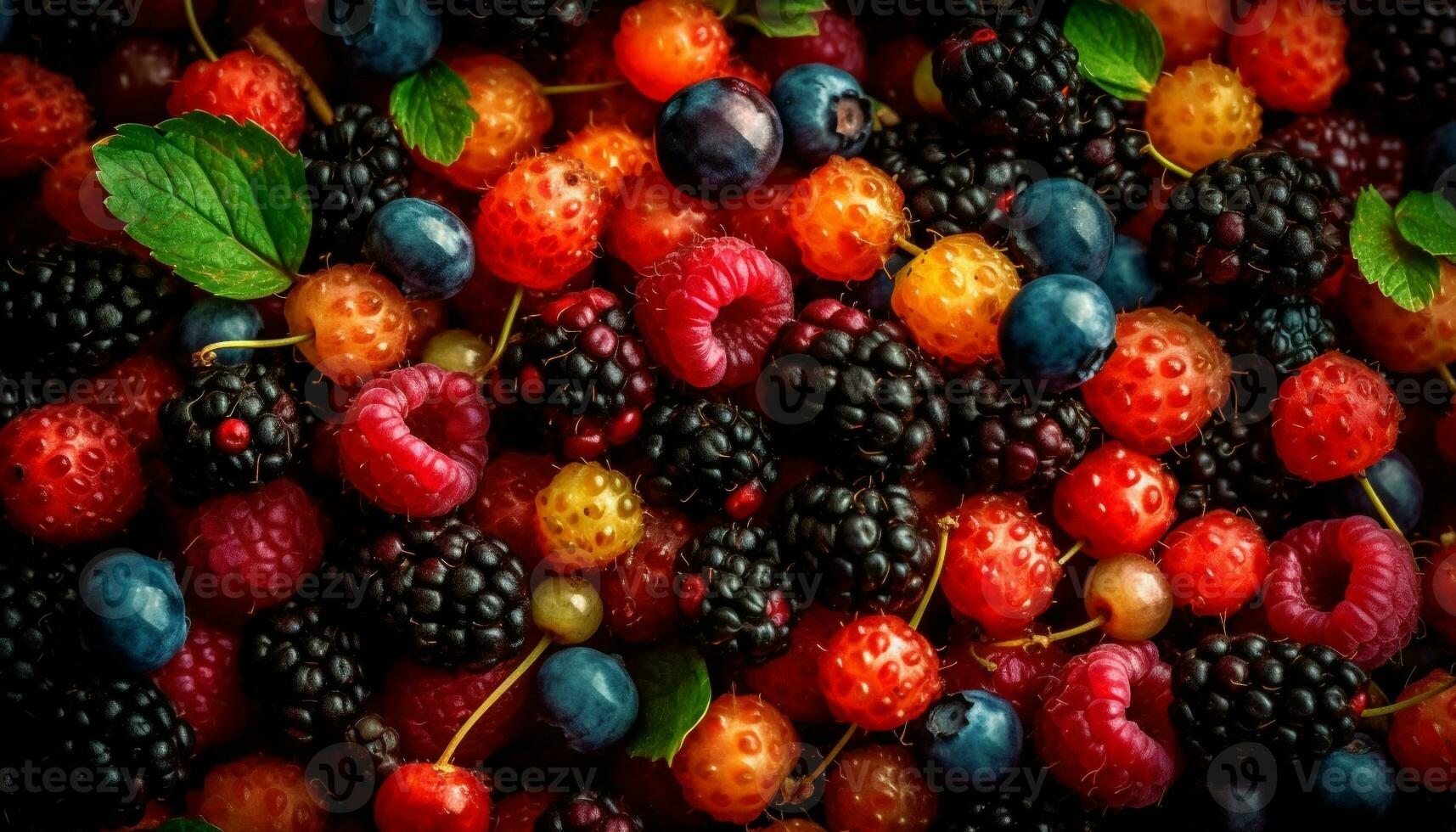 A bowl of ripe, juicy, multi colored berries a gourmet dessert generated by AI photo