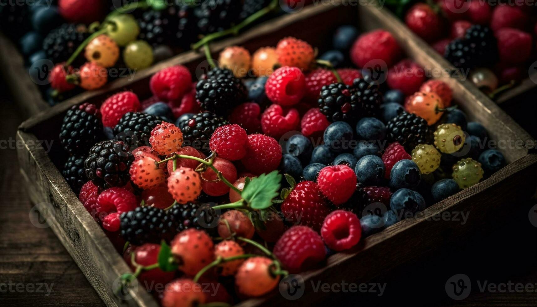 A rustic crate of multi colored berries, a healthy summer snack generated by AI photo