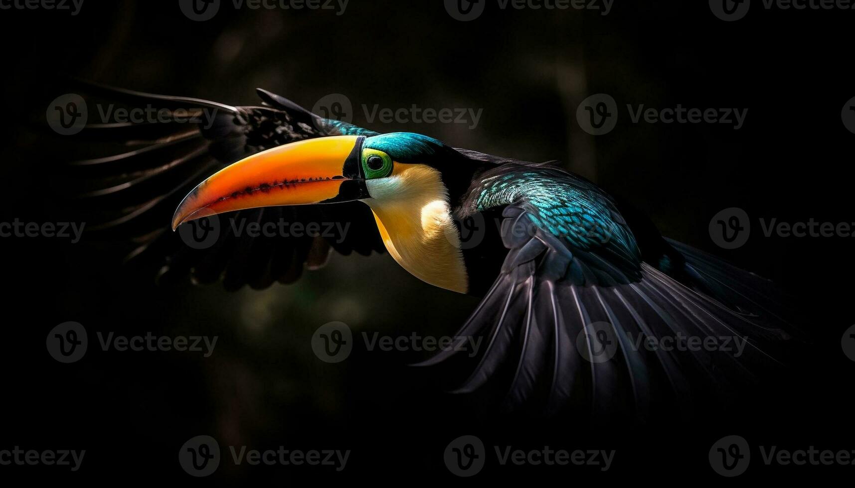 The vibrant toucan perches on a branch in the rainforest generated by AI photo