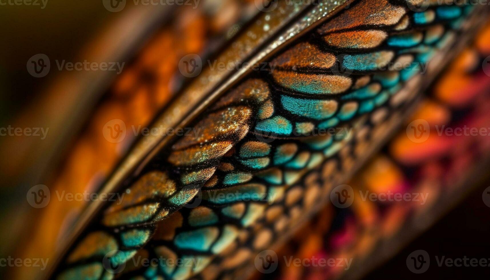Vibrant peacock feather showcases ornate animal markings in macrophotography generated by AI photo