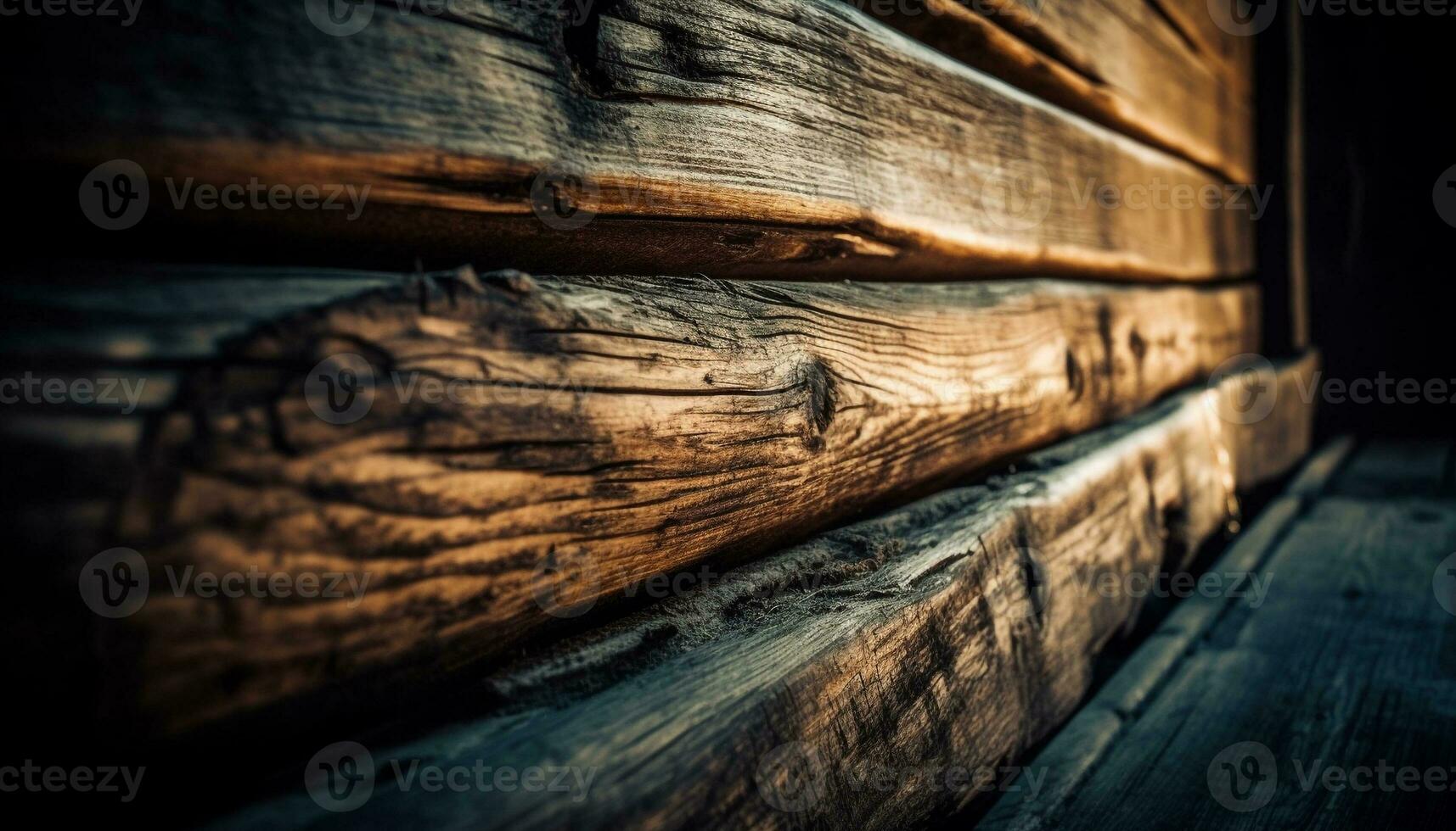 Rustic hardwood plank table, weathered and stained with abstract pattern generated by AI photo