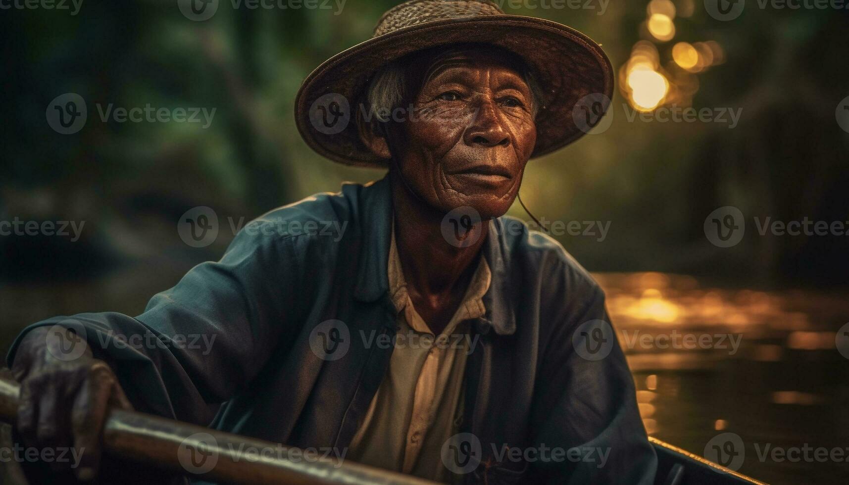 Smiling senior farmer enjoys relaxation and adventure in rural scene generated by AI photo