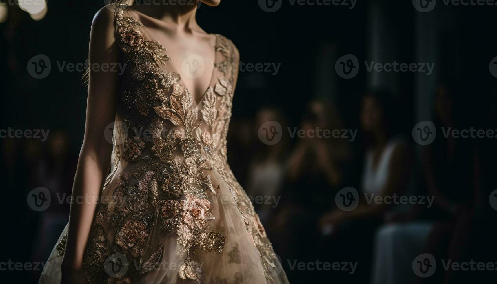 Elegant bride showcases modern textile collection on fashion show stage generated by AI photo