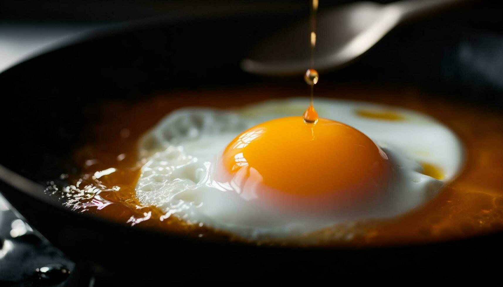 Fresh organic egg yolk sizzles in hot frying pan flame generated by AI photo