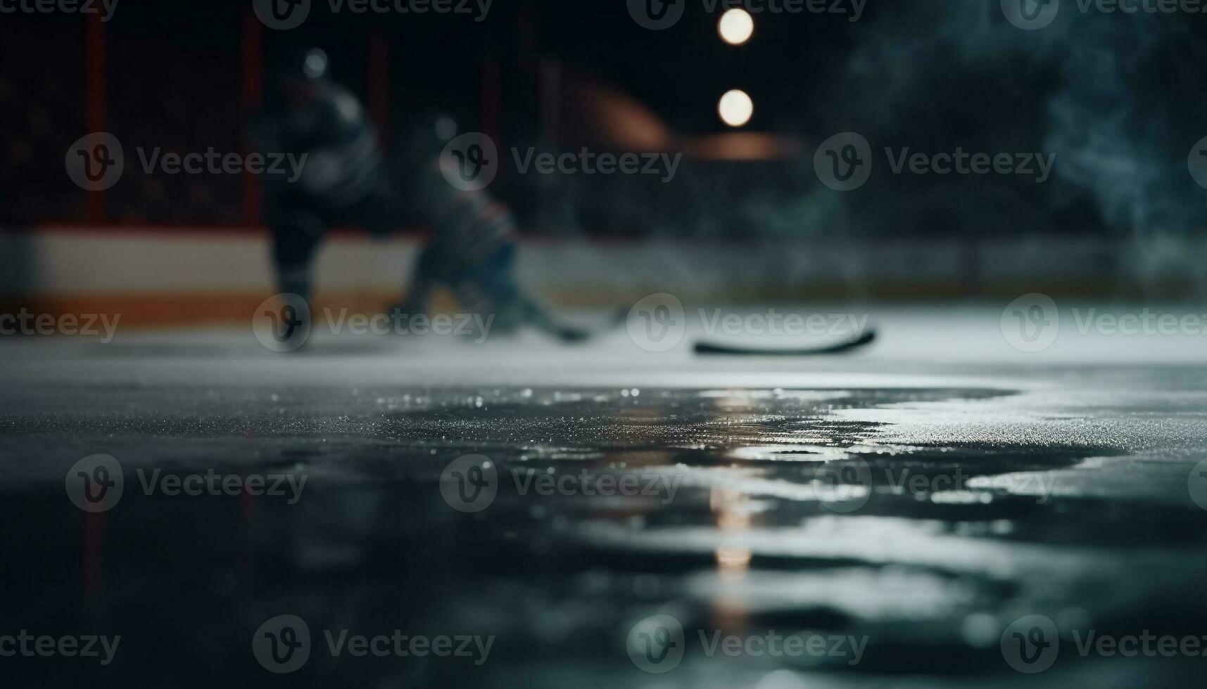 Men compete in ice hockey on a frozen city rink generated by AI photo