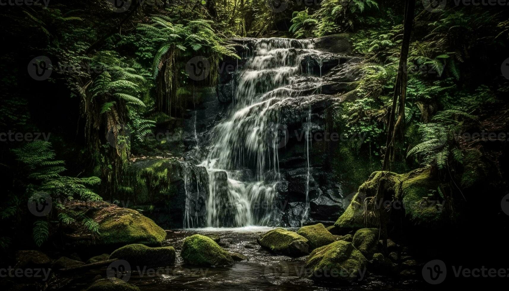 The tranquil scene of a flowing waterfall in a tropical rainforest generated by AI photo