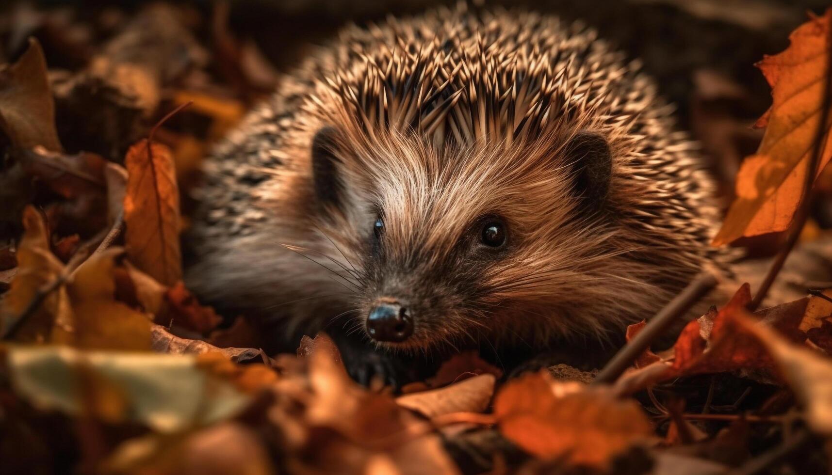 Close up of cute hedgehog bristled snout in autumn forest generated by AI photo