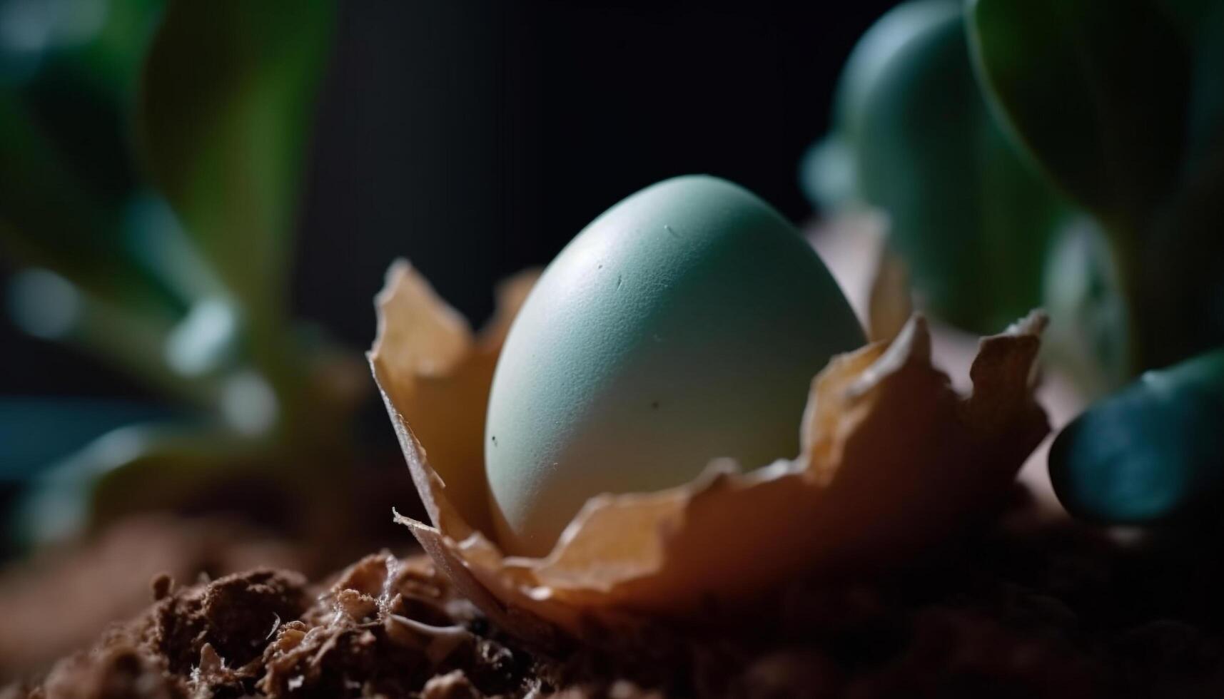 nuevo vida emerge desde frágil orgánico huevo en verde hoja generado por ai foto