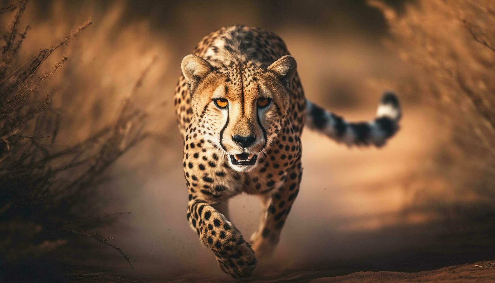 Majestic African cheetah, spotted fur, speed through wilderness at dusk generated by AI photo