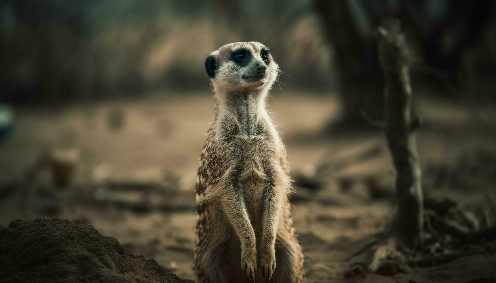 Curious meerkat stares, guarding small mongoose in African wilderness reserve generated by AI photo