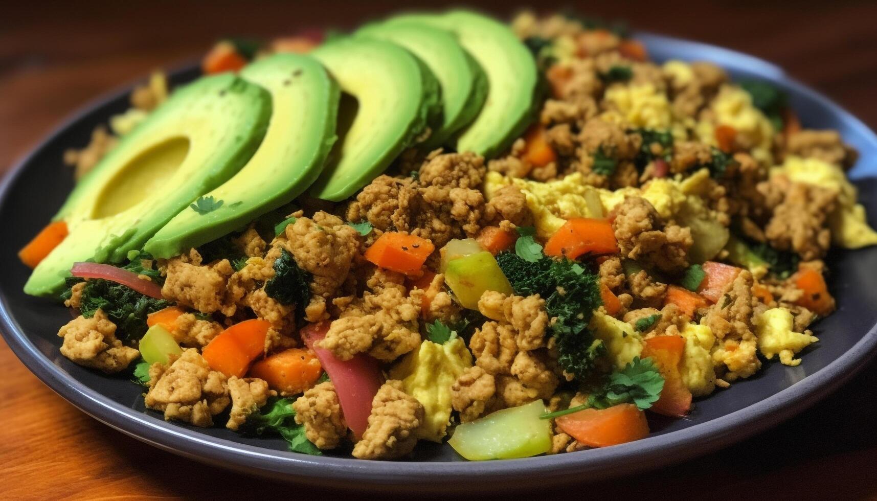 Healthy vegetarian meal with fresh organic vegetables on wooden plate generated by AI photo