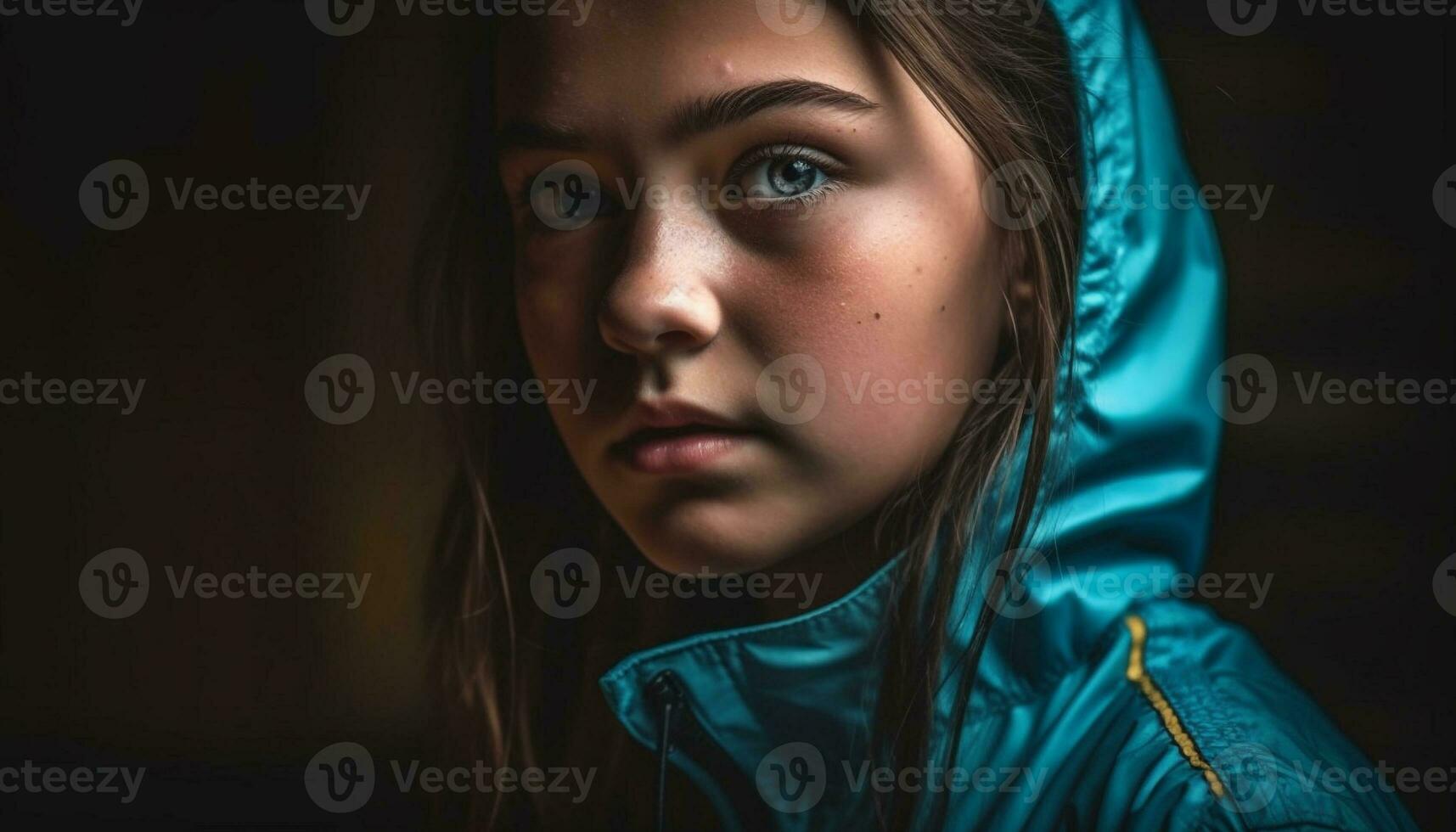 uno joven mujer, solo en el lluvia, mirando triste generado por ai foto