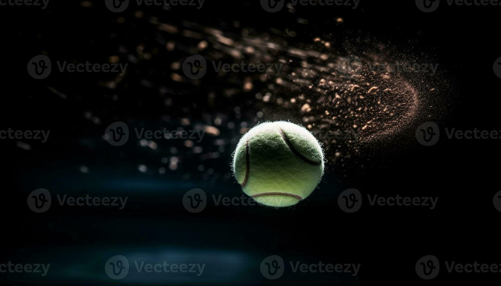 Competitive tennis ball hits wet surface, reflecting black background pattern generated by AI photo