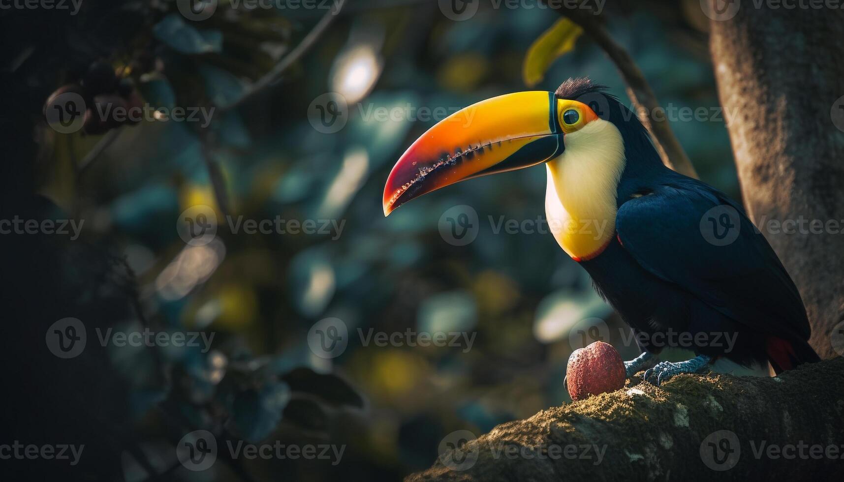 The vibrant toucan perching on a branch in the forest generated by AI photo