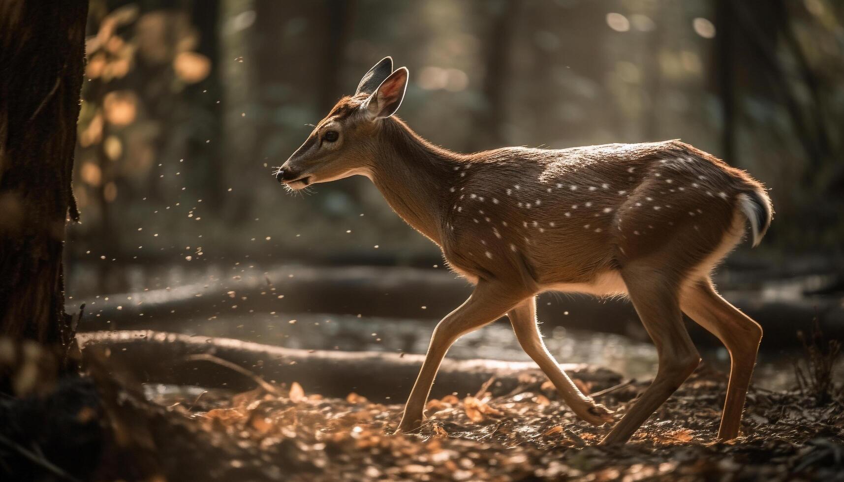 Beautiful doe standing in winter forest, spotted by selective focus generated by AI photo