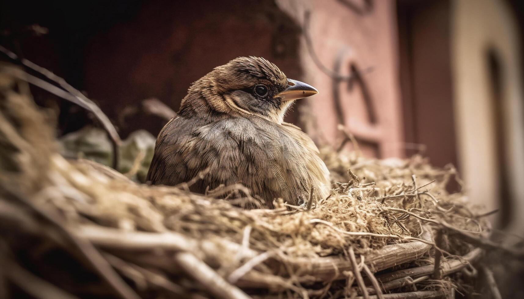 Cute young bird hatching from animal nest in rural farm generated by AI photo