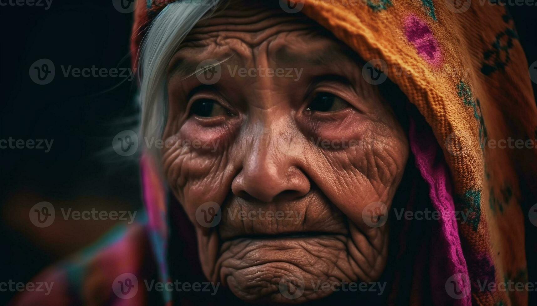 uno mayor mujer en tradicional ropa mirando a cámara al aire libre generado por ai foto