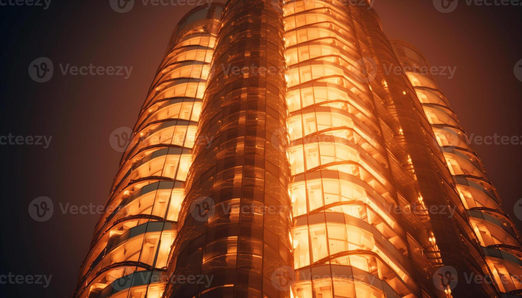 A futuristic skyscraper illuminates the city skyline at dusk generated by AI photo