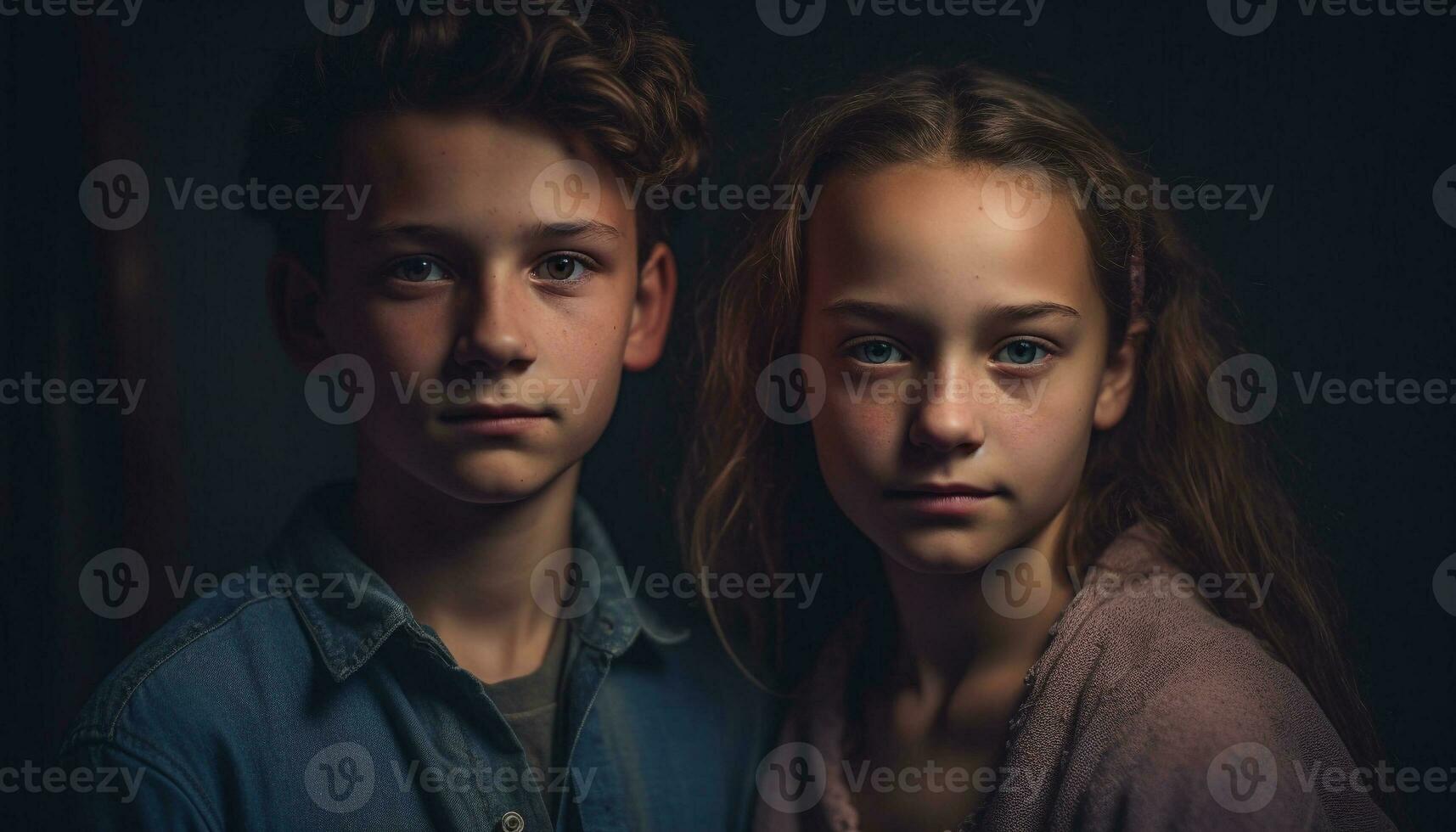 Two cute Caucasian siblings, a boy and girl, smiling together generated by AI photo