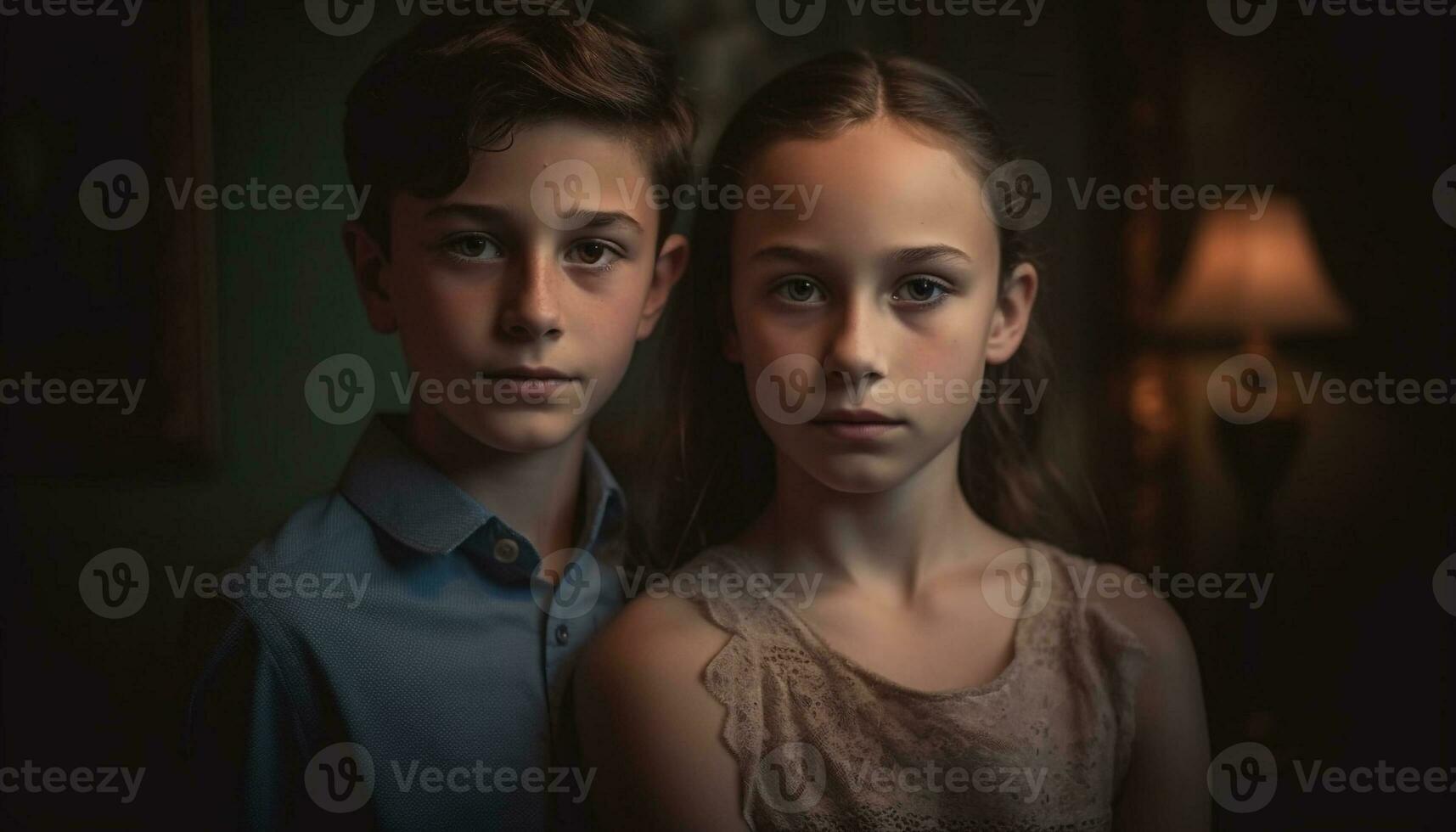 Two cute boys and their sister smiling in a studio shot generated by AI photo