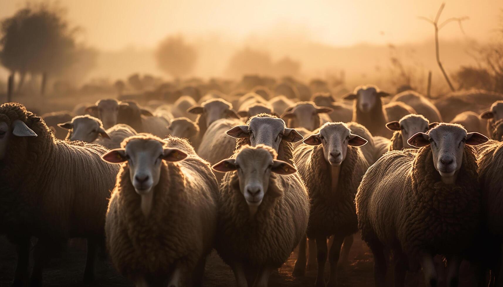 A herd of cattle grazing on a meadow at sunset generated by AI photo