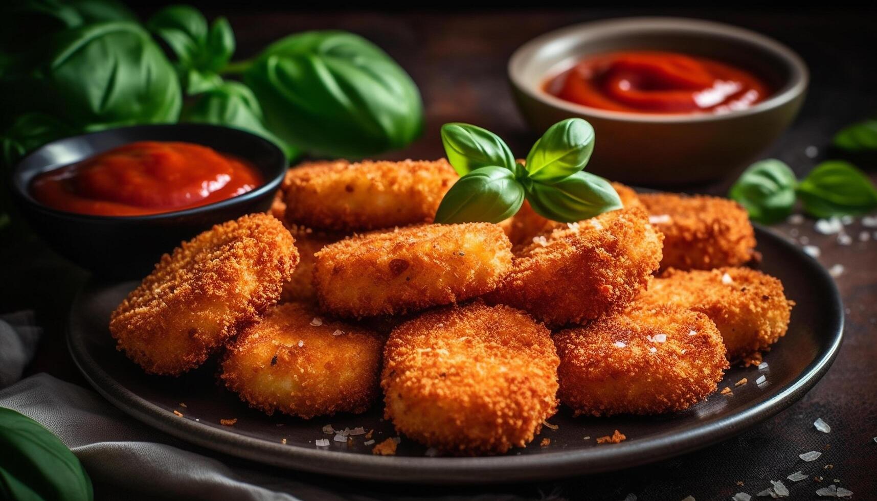 A rustic plate of deep fried pork cutlet with mozzarella generated by AI photo