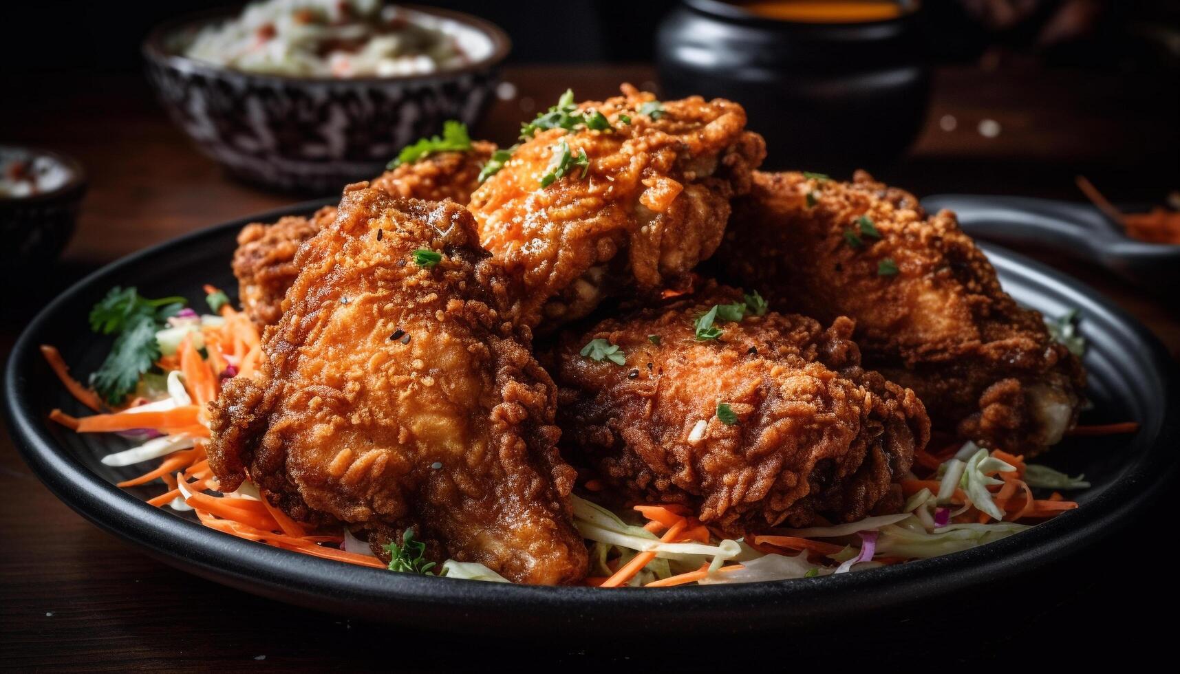 A plate of gourmet fried chicken wings with savory sauce generated by AI photo