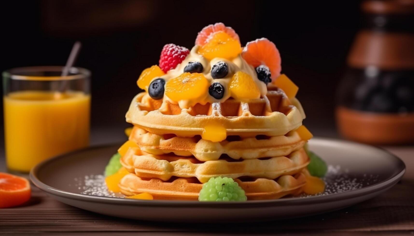 A stack of homemade pancakes with blueberry syrup and chocolate sauce generated by AI photo