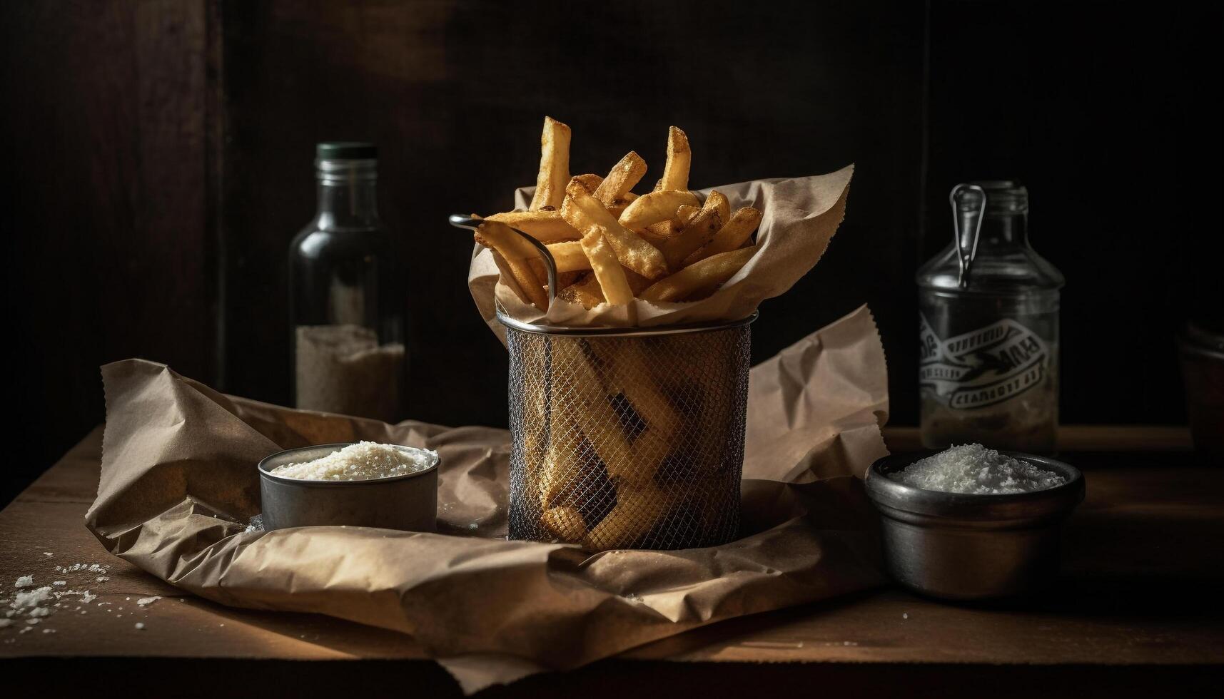 A gourmet meal of deep fried beef and French fries generated by AI photo