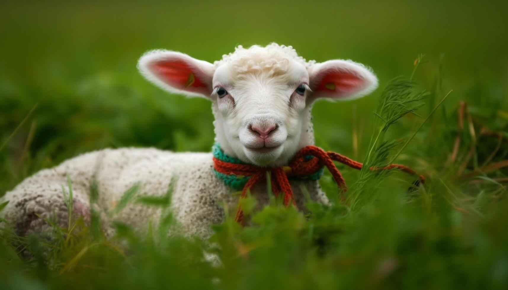 Curious lamb grazes in green meadow, looking at camera generated by AI photo