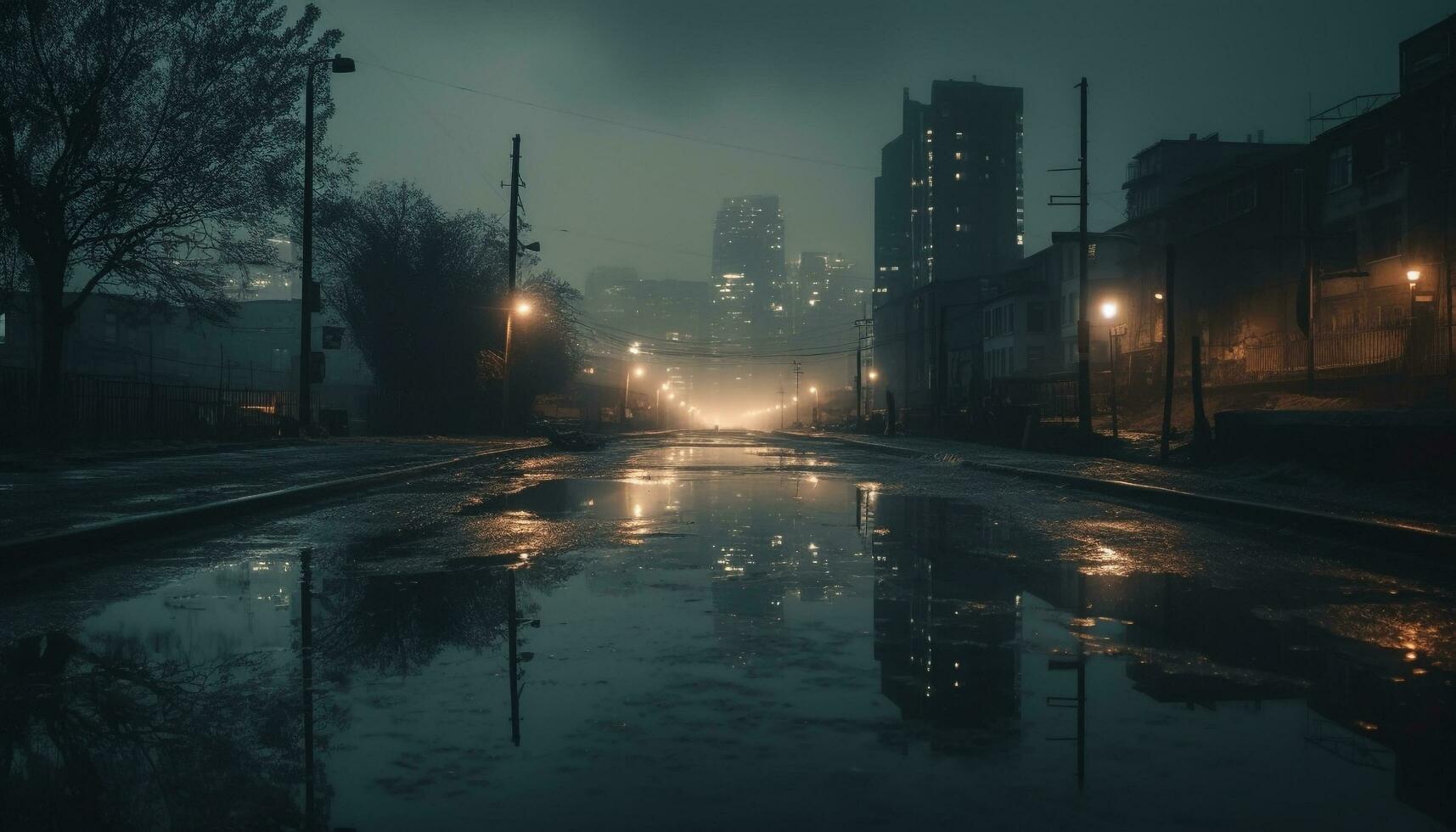 The city nightlife illuminates the dark, wet streets outdoors generated by AI photo
