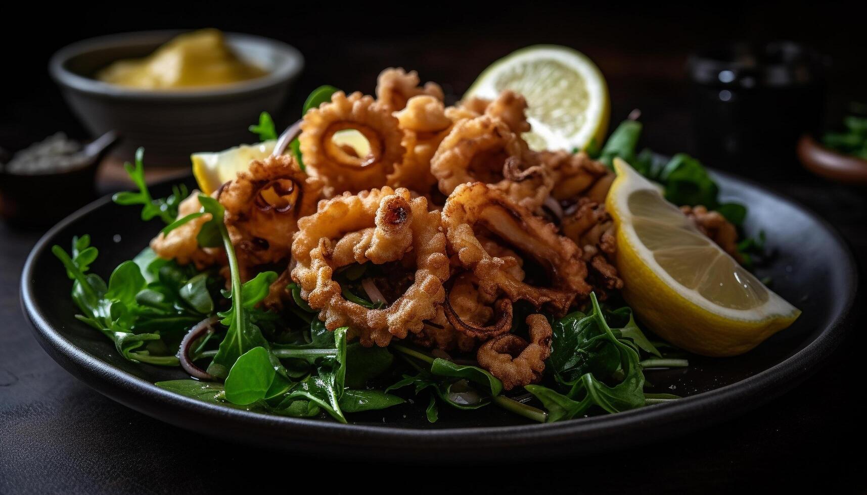 A gourmet seafood plate with fresh fish, prawns, and salad generated by AI photo