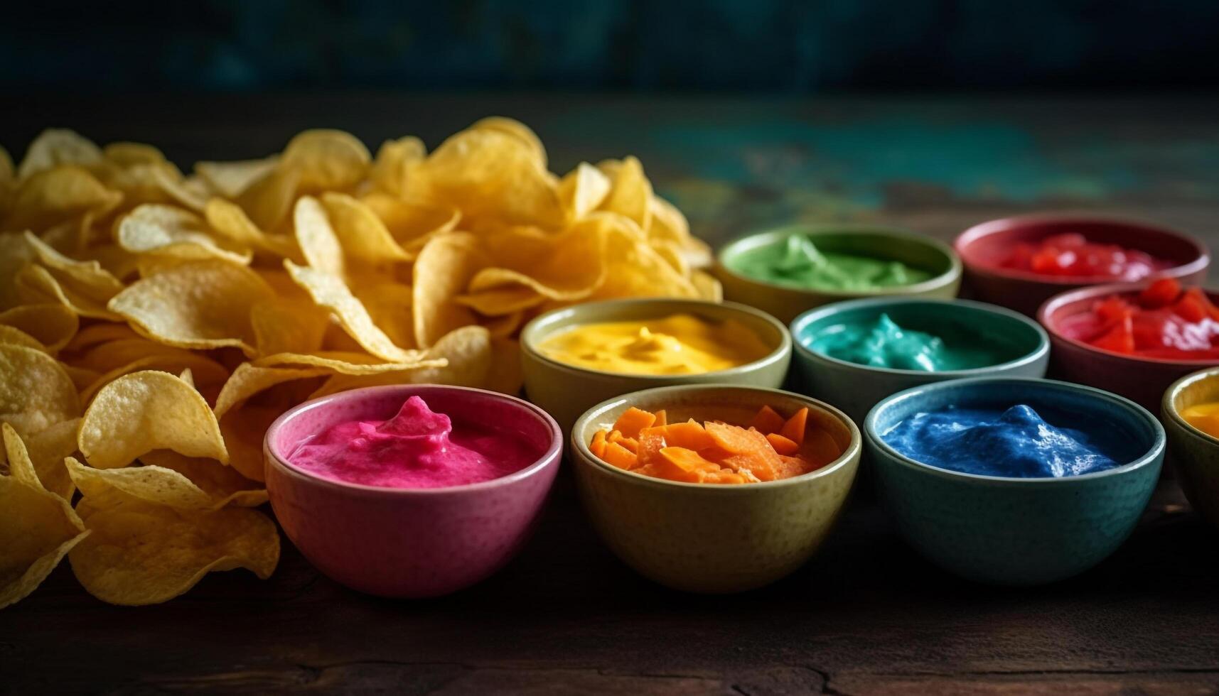 A vibrant still life of homemade guacamole in a rainbow bowl generated by AI photo