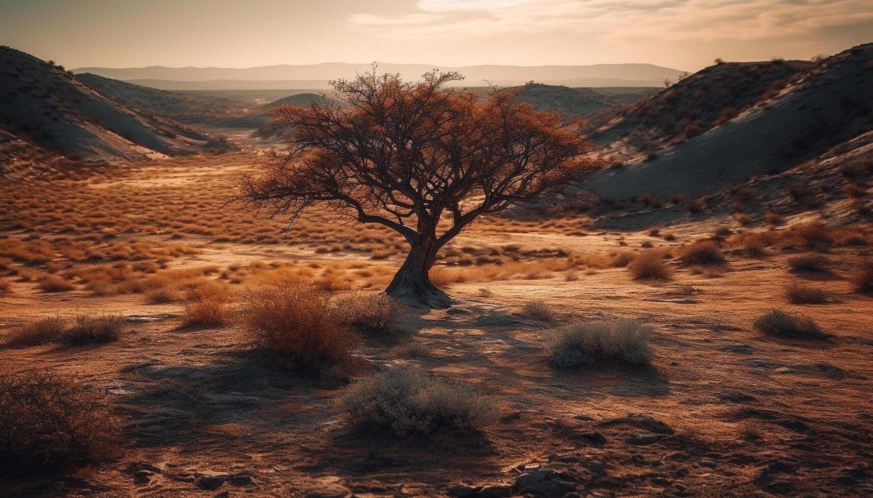 A tranquil scene at dusk, sand dunes and mountains panoramic generated by AI photo